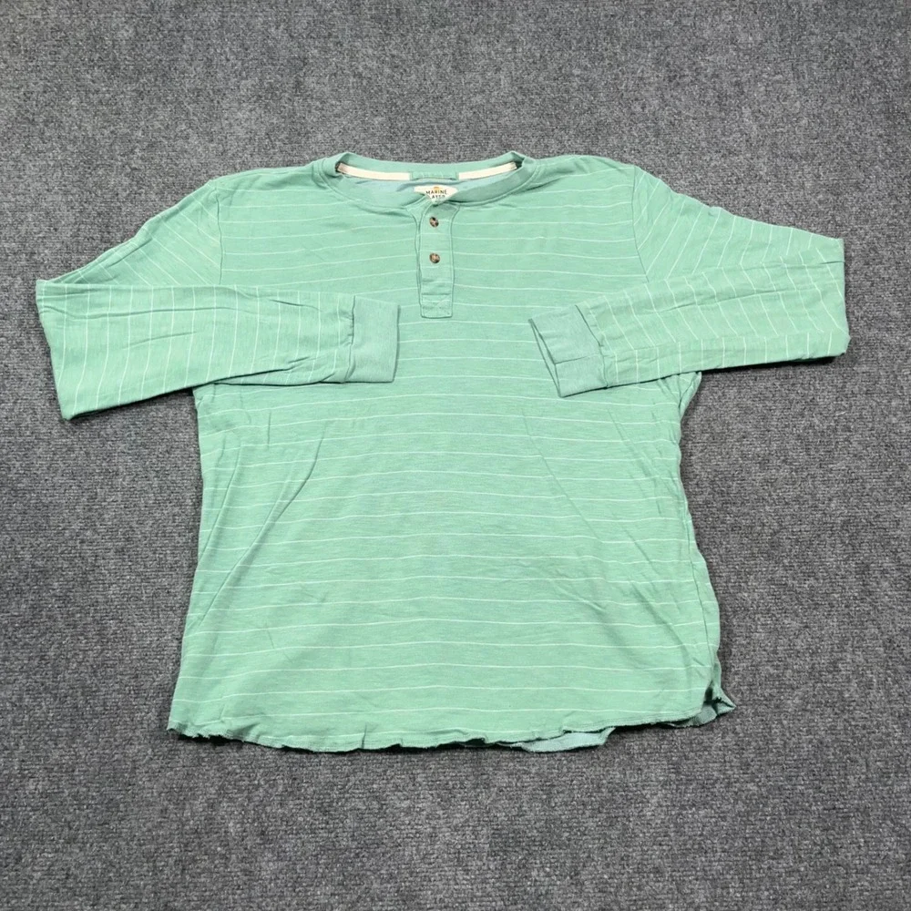 Marine Layer Striped Henley Shirt Mens Large Long Sleeve Raw Hem Green Coastal